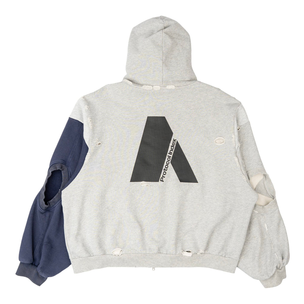 Project G/R Army Reconstructed Folded Zip Up Hooded Sweatshirt Grey Navy Blue Multi Pre-Owned