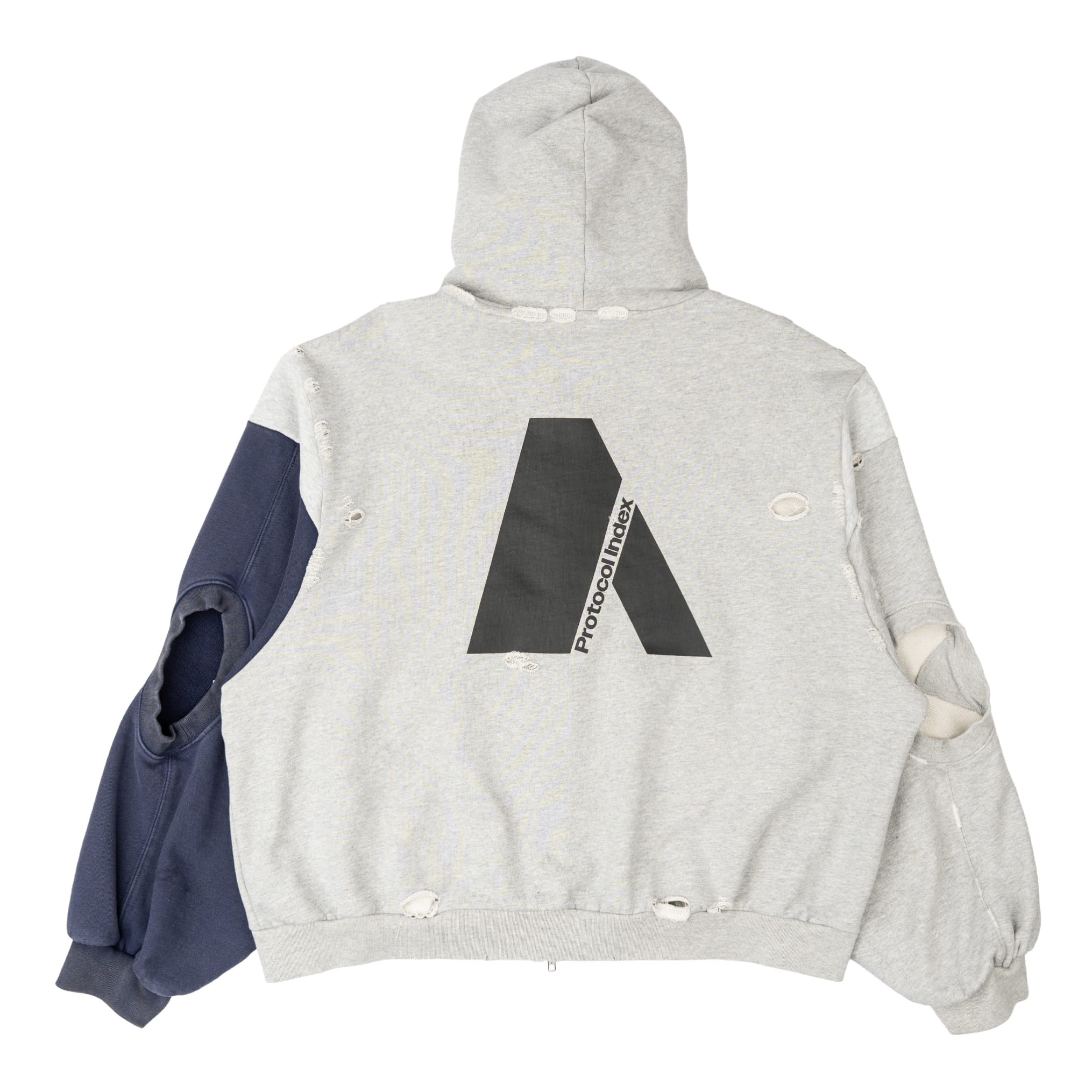 Project G/R Army Reconstructed Folded Zip Up Hooded Sweatshirt Grey Navy Blue Multi Pre-Owned