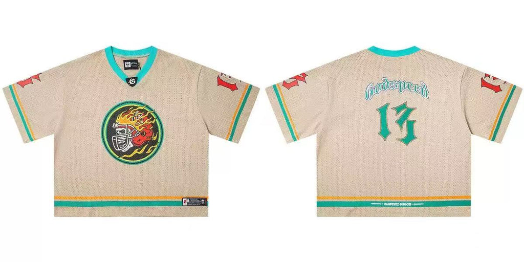 GodSpeed #13 Flame Skull V Neck Cropped Mesh Jersey