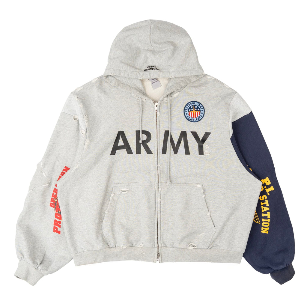 Project G/R Army Reconstructed Folded Zip Up Hooded Sweatshirt Grey Navy Blue Multi Pre-Owned