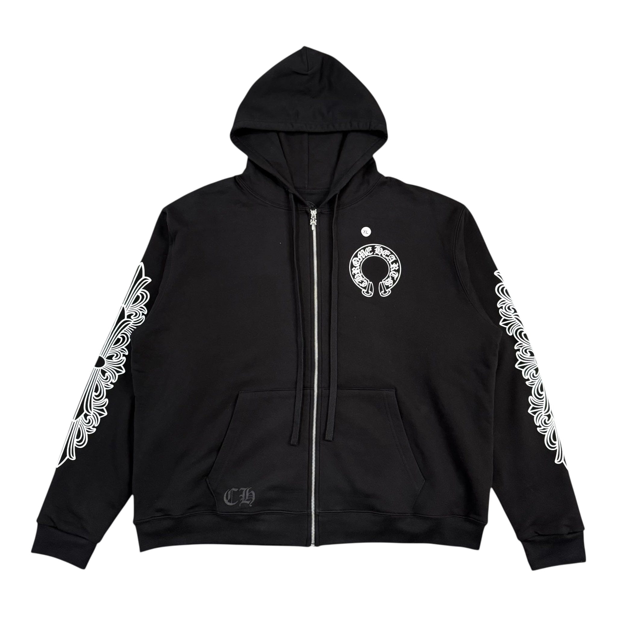 Chrome Hearts Horseshoe Floral Logo Zip Up Hooded Sweatshirt Black White (Thermal Lined)