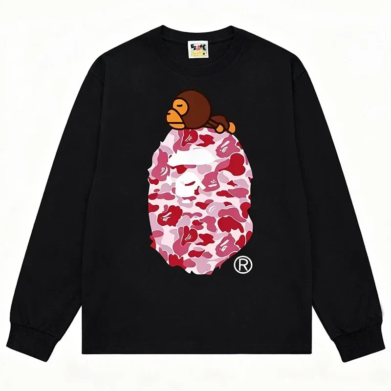 BAPE Style Baby Milo on Camo Ape Head Long-Sleeve Tee - Black/Pink