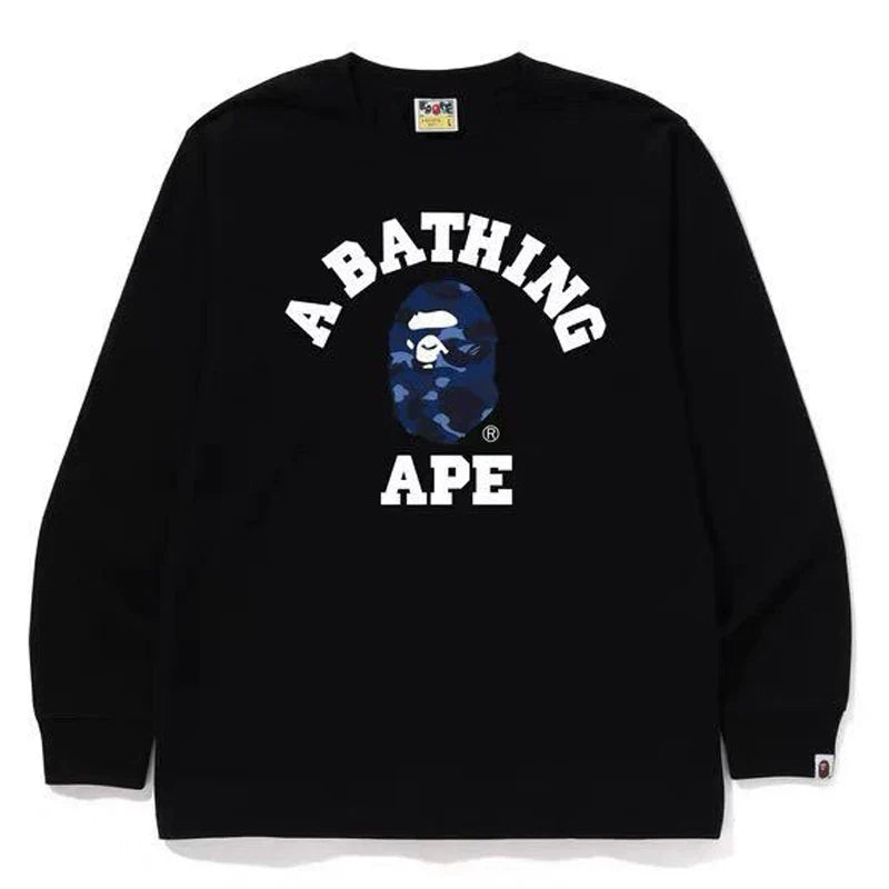 BAPE Style Collegiate Arc Logo & Camo Ape Head Long-Sleeve Tee - White/Red