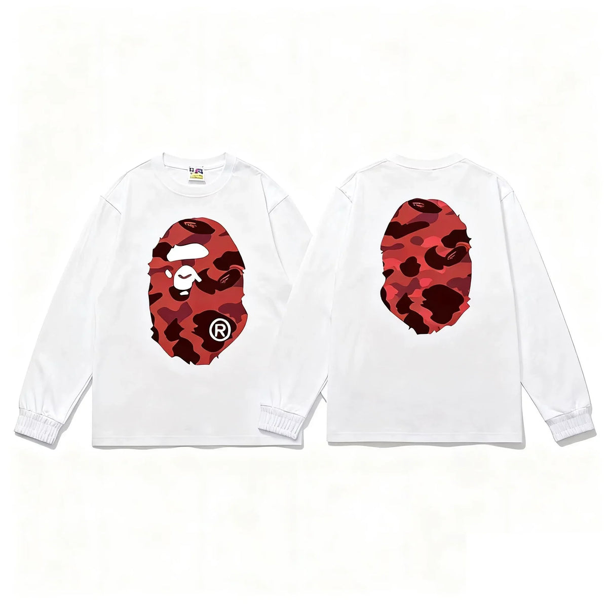 BAPE Style Big Camo Ape Head Long-Sleeve Tee - White/Red