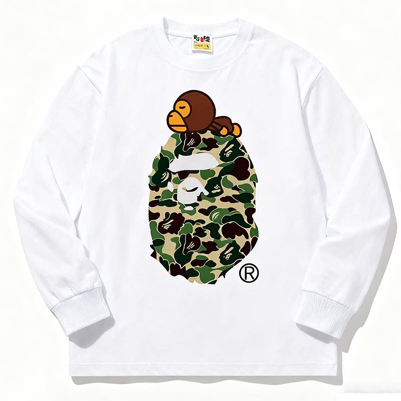 BAPE Style Baby Milo on Camo Ape Head Long-Sleeve Tee - White/Green
