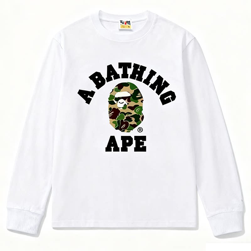 BAPE Style Collegiate Arc Logo & Camo Ape Head Long-Sleeve Tee - White/Green