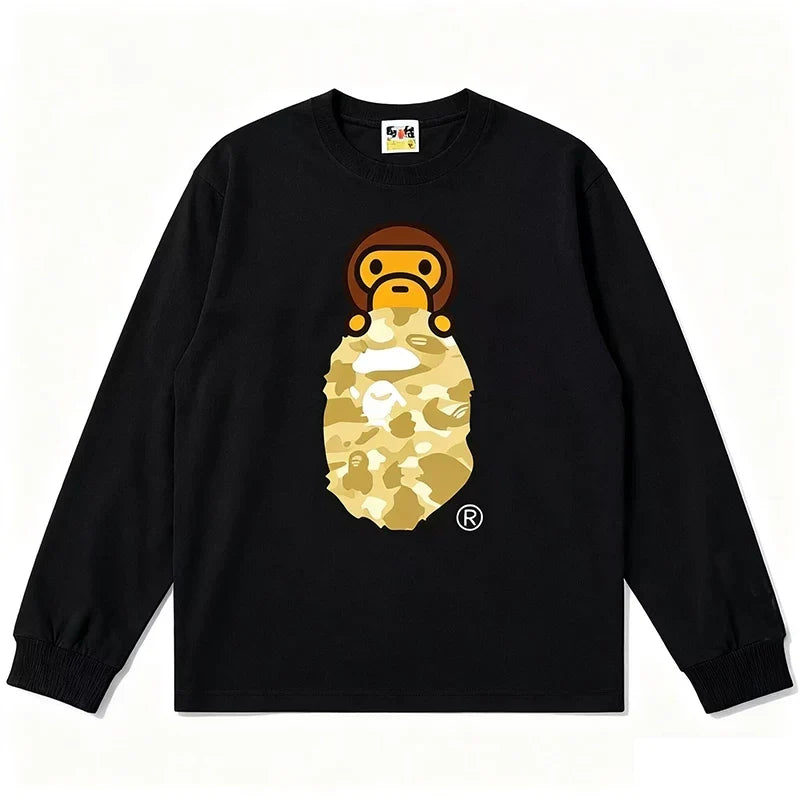 BAPE Style Baby Milo Peeking on Camo Ape Head Long-Sleeve Tee - Black/Yellow