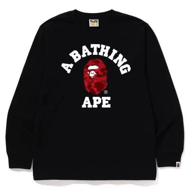 BAPE Style Collegiate Arc Logo & Camo Ape Head Long-Sleeve Tee - Black/Purple