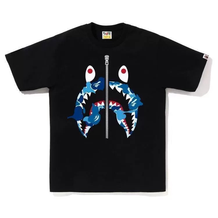BAPE Style Camo Shark Full-Zip Motif Short-Sleeve Tee - Black/Blue
