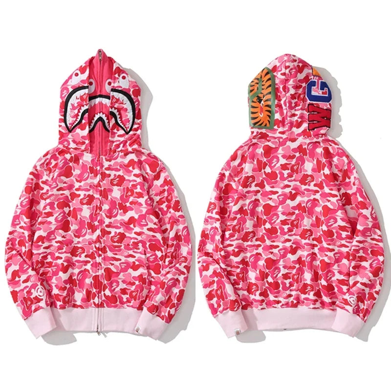 BAPE Style Camo Shark Full-Zip Hoodie - Pink