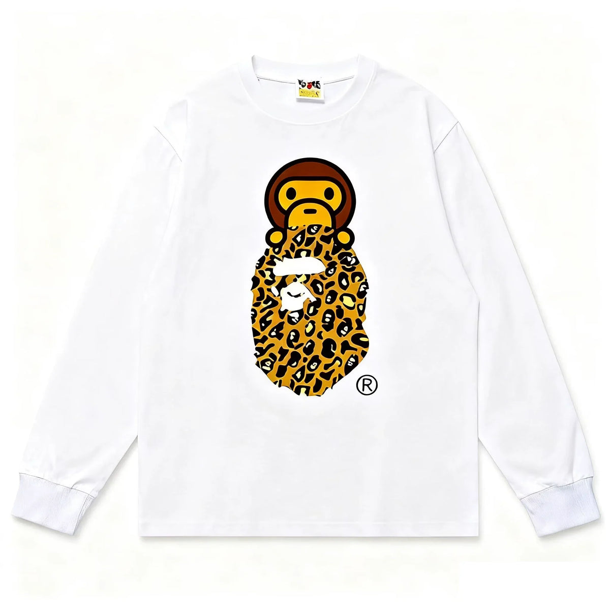 BAPE Style Baby Milo on Leopard Camo Ape Head Long-Sleeve Tee - White/Leopard