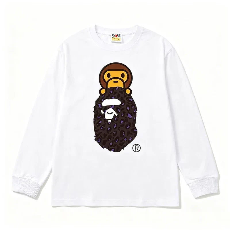 BAPE Style Baby Milo on Dark Leopard Camo Ape Head Long-Sleeve Tee - White/Dark Leopard