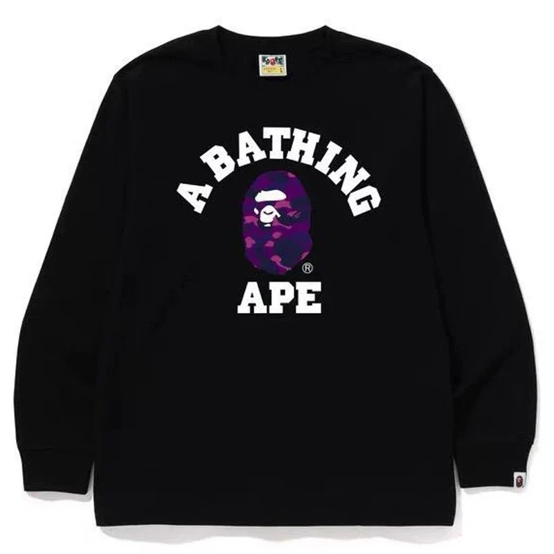 BAPE Style Collegiate Arc Logo & Camo Ape Head Long-Sleeve Tee - Black/Purple