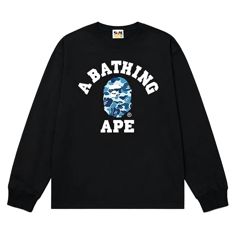 BAPE Style Collegiate Arc Logo & Camo Ape Head Long-Sleeve Tee - Black/Blue