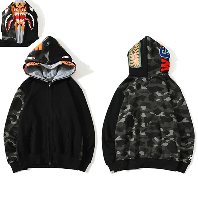 BAPE Style Colorblock Shark Full-Zip Hoodie - Black/Grey Camo