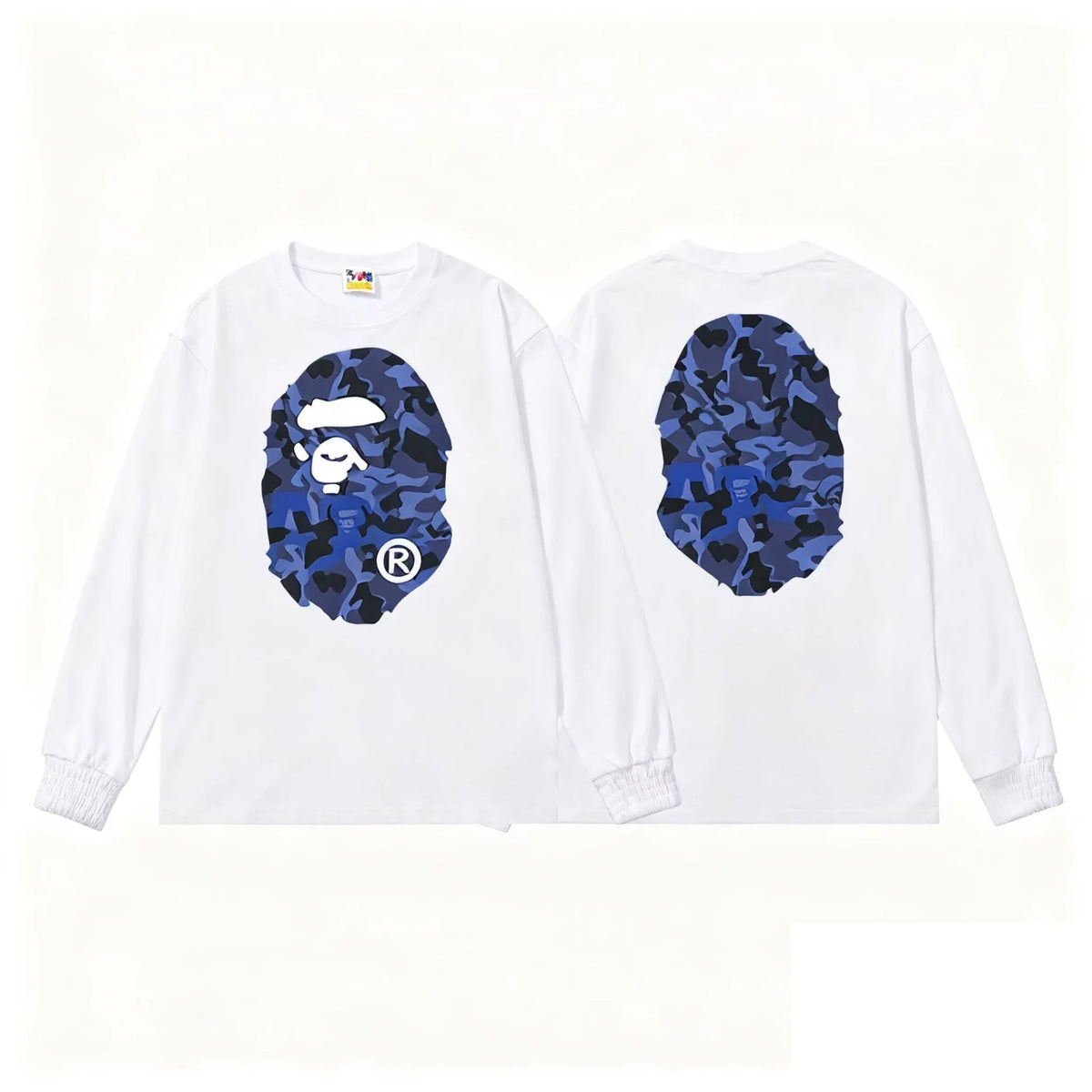 BAPE Style Big Camo Ape Head Long-Sleeve Tee - White/Blue