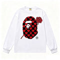 BAPE Style Heart & Rose Ape Head Long-Sleeve Tee - White/Red-Black