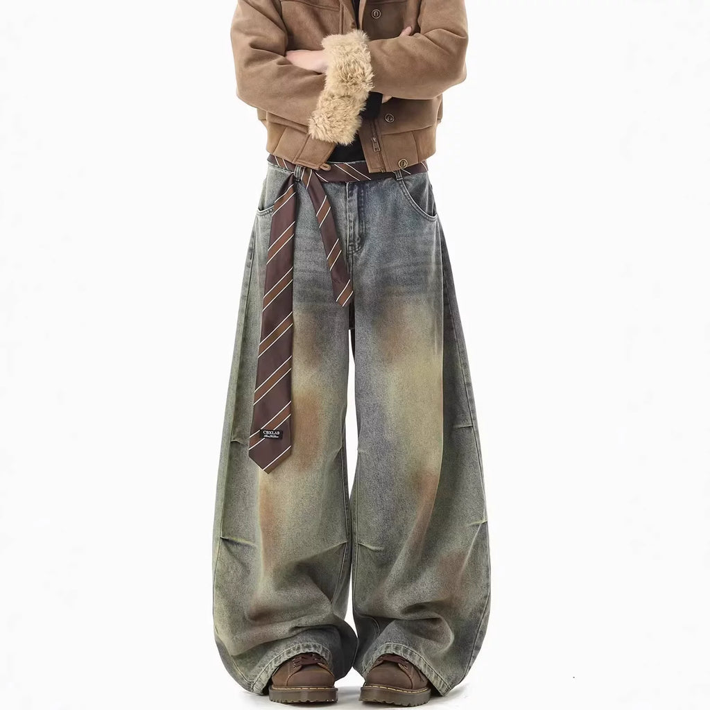 Cross border fashion retro wide leg jeans for women, American style distressed washed loose pants, hanging straight leg micro flared pants