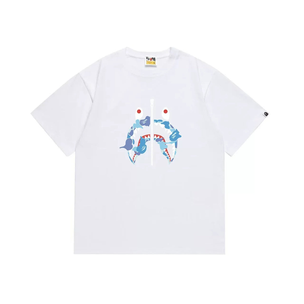BAPE Style Camo Shark Full-Zip Motif Short-Sleeve Tee - White/Blue