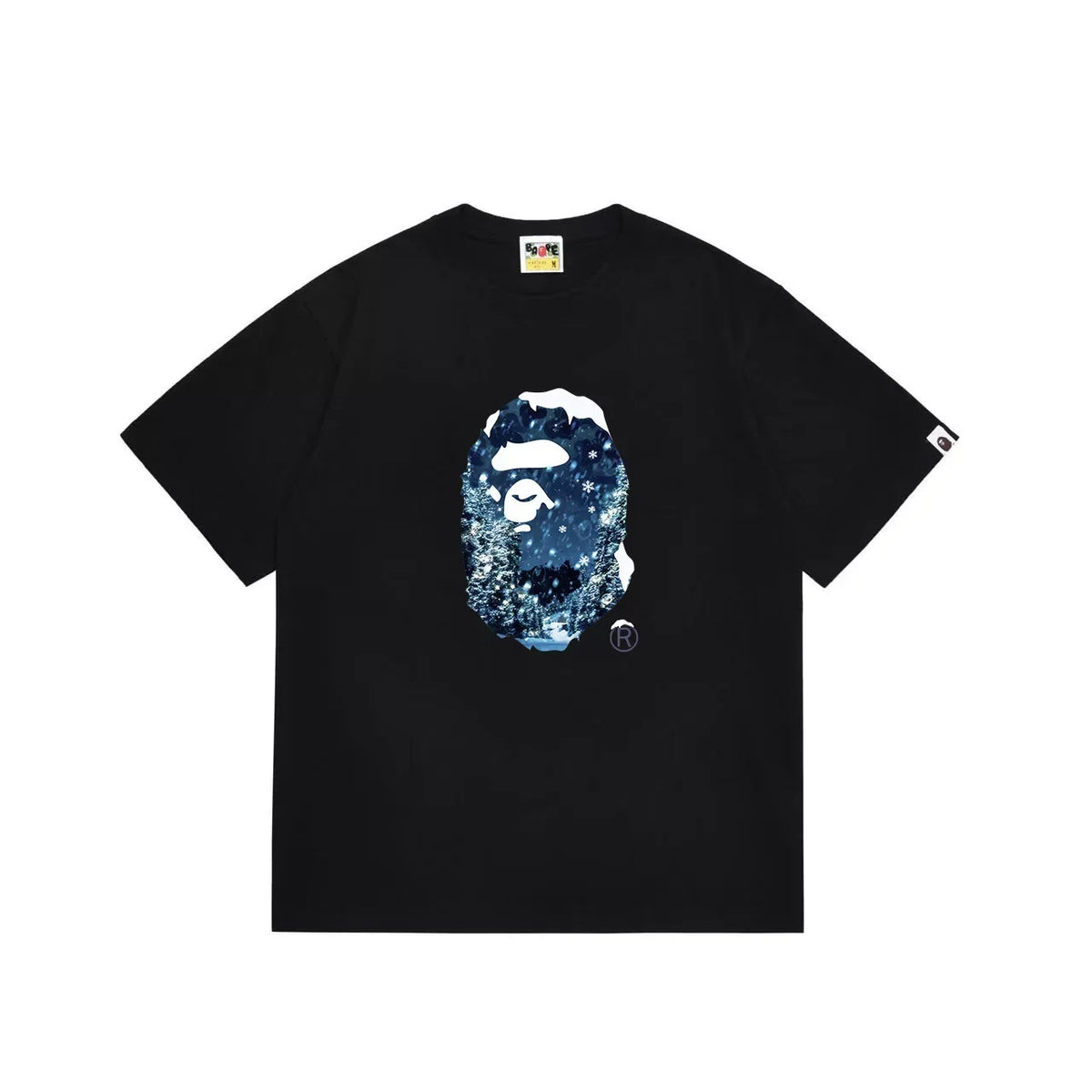 BAPE Style Winter Snow Scenery Ape Head Short-Sleeve Tee - Black
