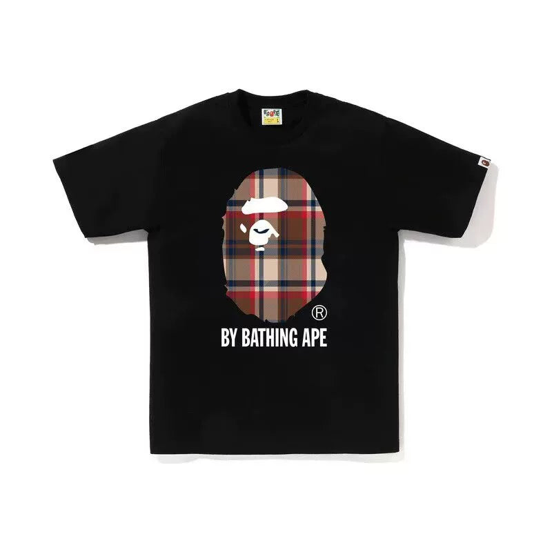 BAPE Style Tartan Plaid Big Ape Head Short-Sleeve Tee - Black/Red