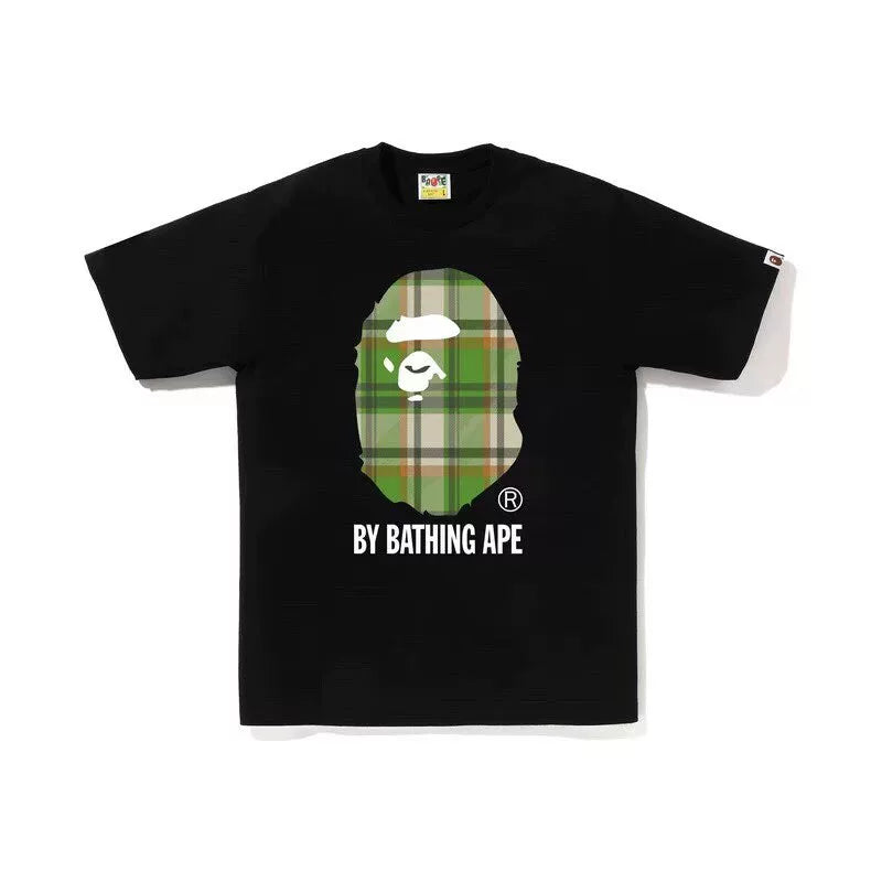 BAPE Style Tartan Plaid Big Ape Head Short-Sleeve Tee - Black/Green