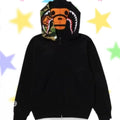 BAPE Style Solid Black Shark Full-Zip Hoodie - Green Camo Ape Interior
