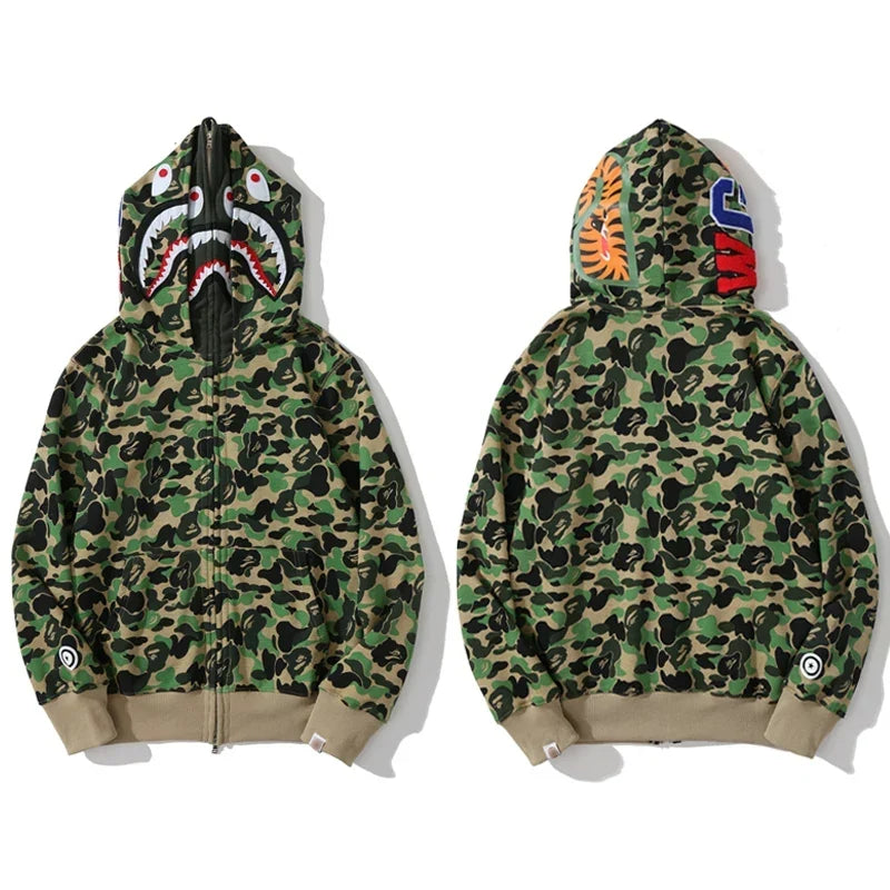 BAPE Style Camo Shark Full-Zip Hoodie - Classic Green