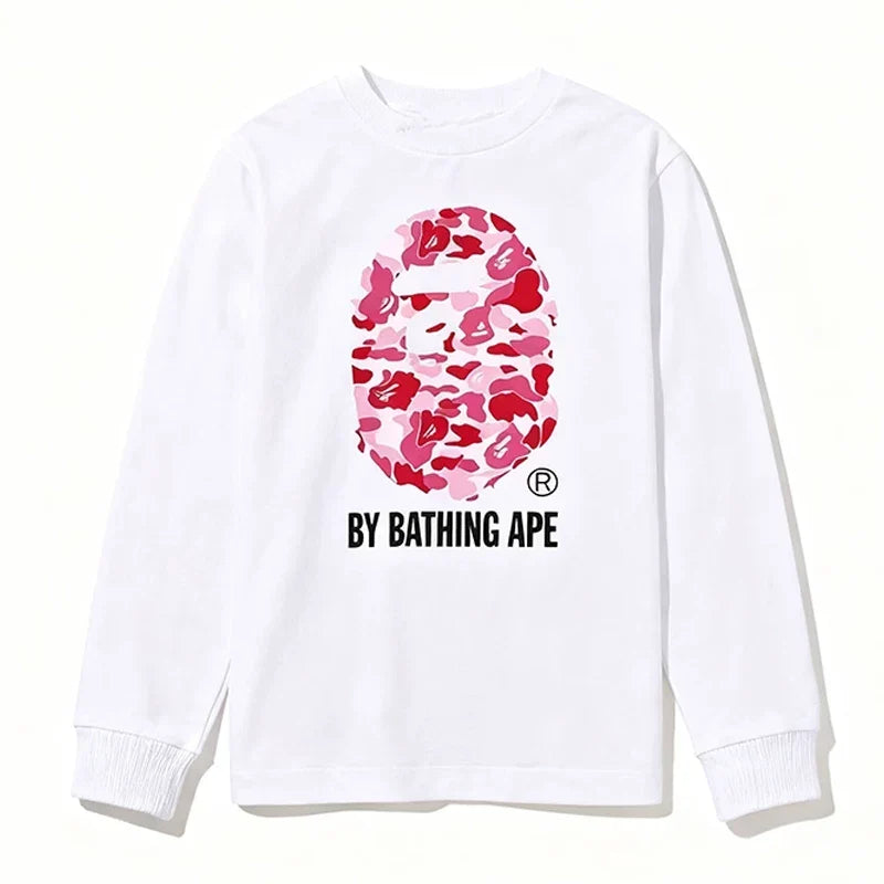 BAPE Style "BY BATHING APE" Camo Ape Head Long-Sleeve Tee - White/Pink