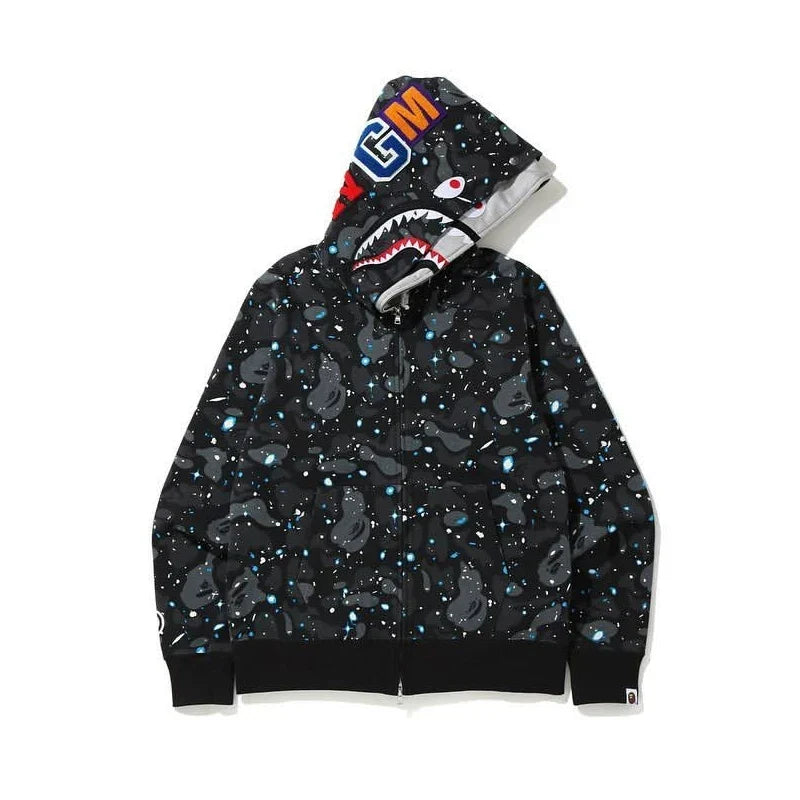 BAPE Style Space Galaxy Shark Full-Zip Hoodie - Black Multi