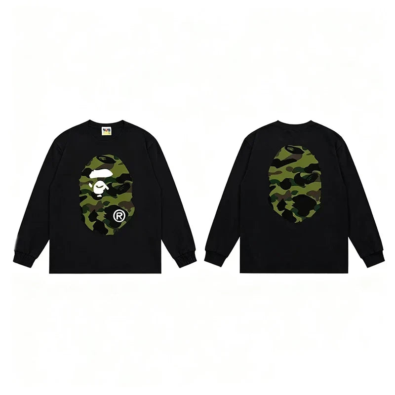 BAPE Style Big Camo Ape Head Long-Sleeve Tee - Black/Green