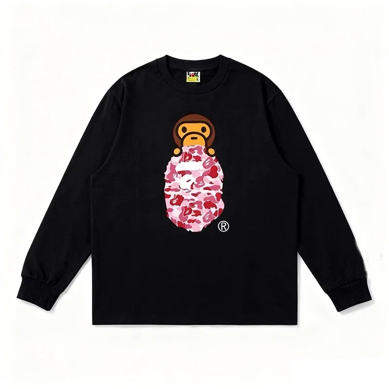 BAPE Style Baby Milo Peeking on Camo Ape Head Long-Sleeve Tee - Black/Pink