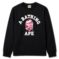 BAPE Style Collegiate Arc Logo & Camo Ape Head Long-Sleeve Tee - Black/Pink