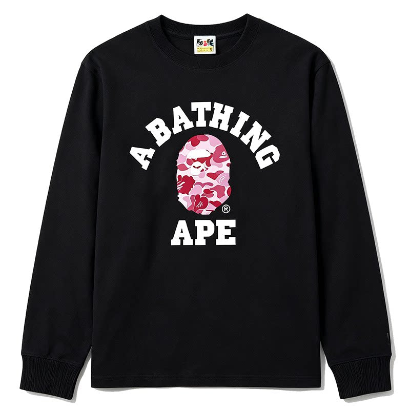 BAPE Style Collegiate Arc Logo & Camo Ape Head Long-Sleeve Tee - Black/Pink