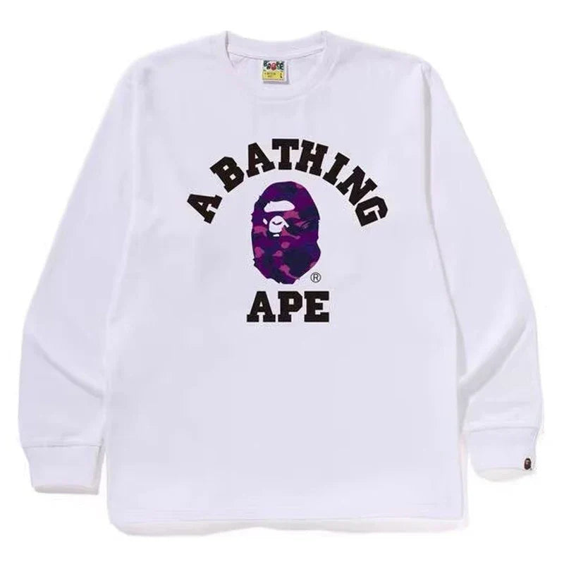 BAPE Style Collegiate Arc Logo & Camo Ape Head Long-Sleeve Tee - White/Purple