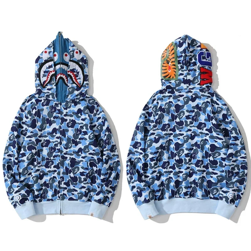 BAPE Style Camo Shark Full-Zip Hoodie - Light Blue