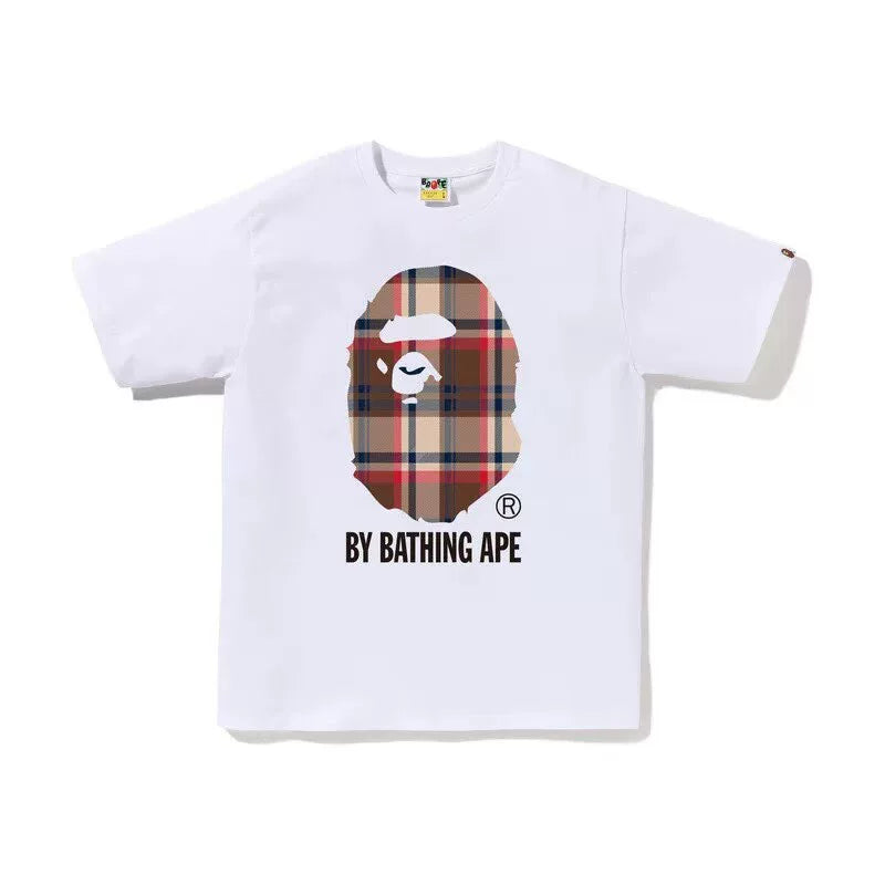 BAPE Style Tartan Plaid Big Ape Head Short-Sleeve Tee - White/Red