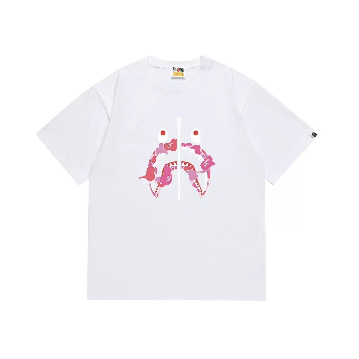 BAPE Style Camo Shark Full-Zip Motif Short-Sleeve Tee - White/Pink