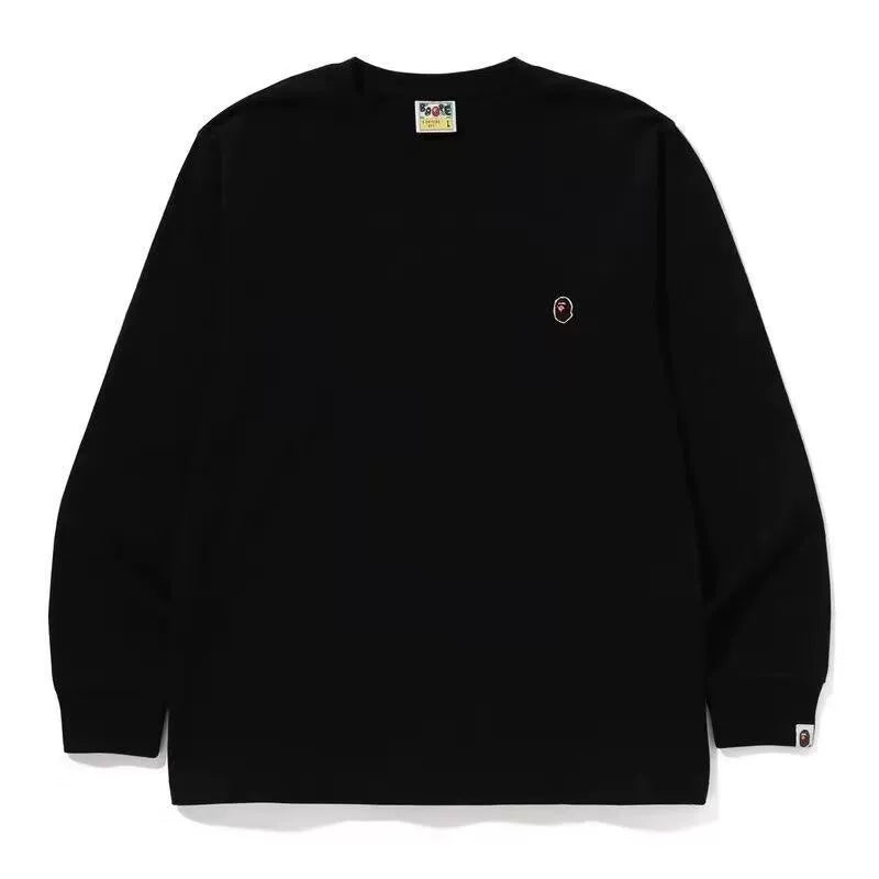 BAPE Style Minimalist Embroidered Ape Head Long-Sleeve Tee - Solid Black