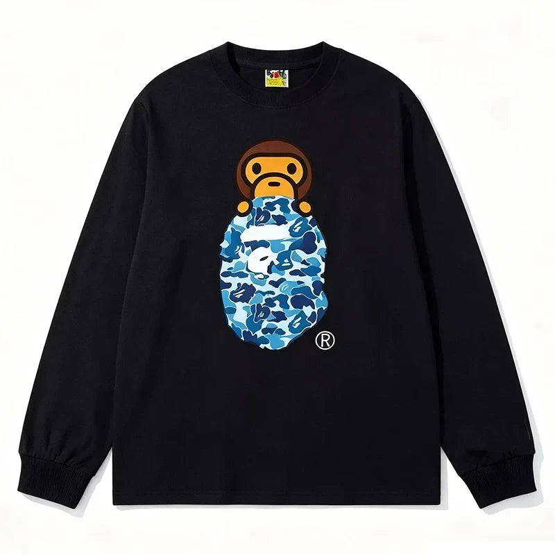 BAPE Style Baby Milo Peeking on Camo Ape Head Long-Sleeve Tee - Black/Blue