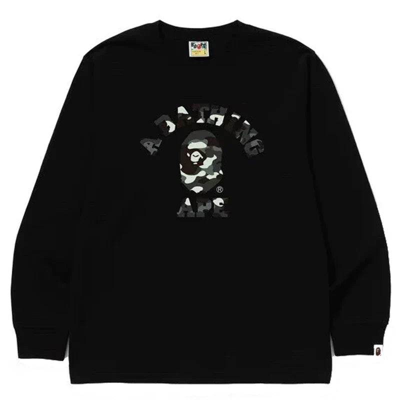 BAPE Style Arch Logo Monochrome Camo Ape Head Long-Sleeve Tee - Black