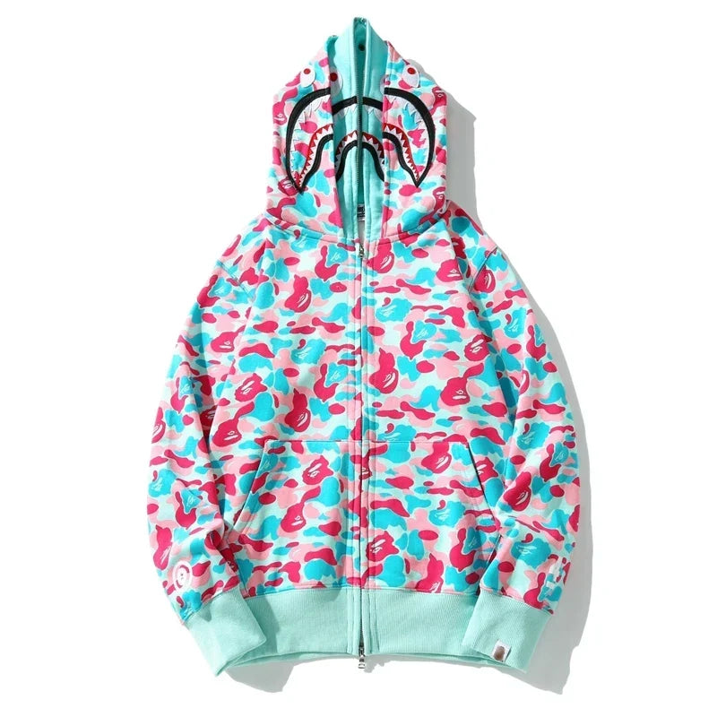 BAPE Style Multi-Color Pastel Camo Shark Full-Zip Hoodie
