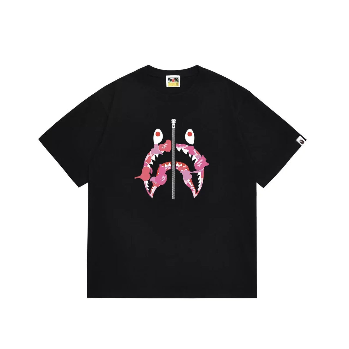 BAPE Style Camo Shark Full-Zip Motif Short-Sleeve Tee - Black/Pink