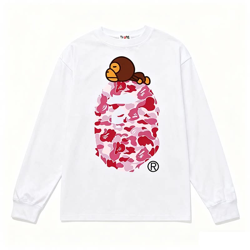 BAPE Style Baby Milo on Camo Ape Head Long-Sleeve Tee - White/Pink