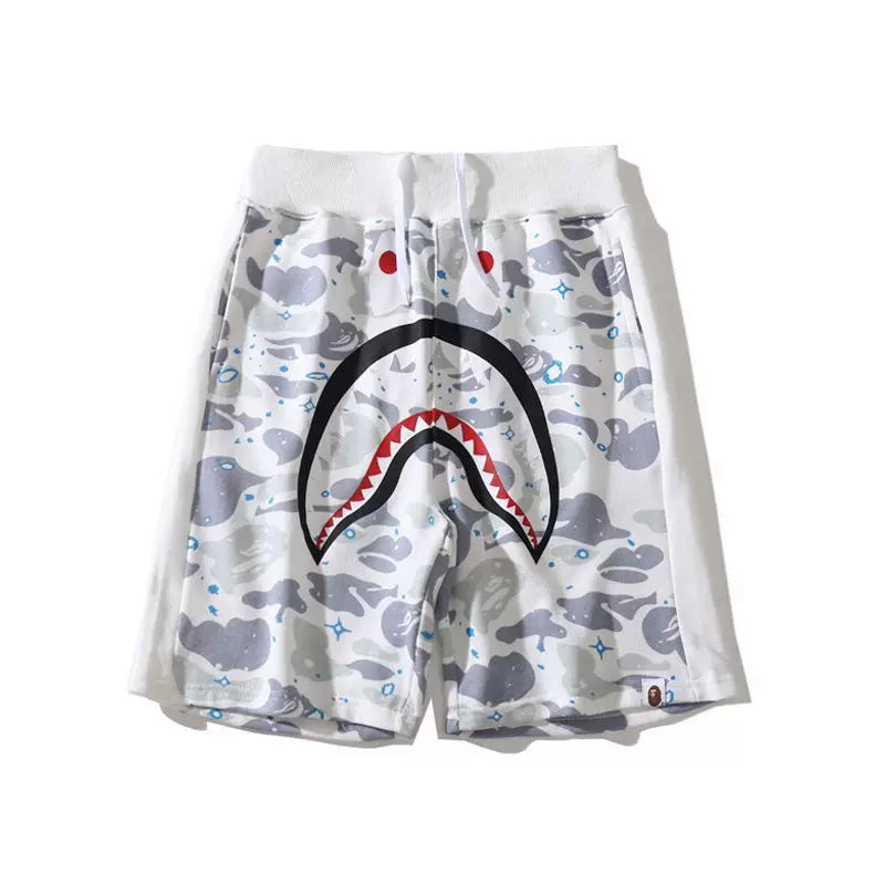 BAPE Style Space Galaxy Camo Shark Casual Shorts - Light Grey/White