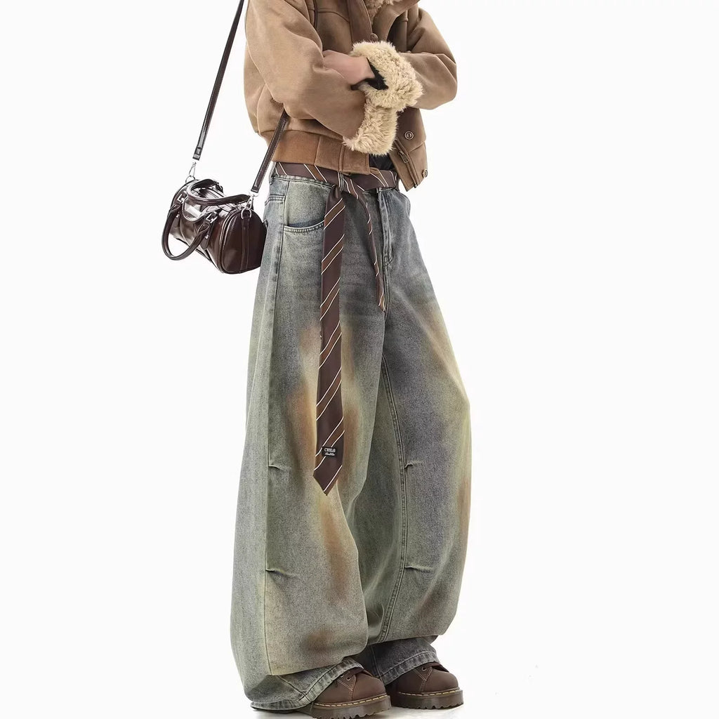 Cross border fashion retro wide leg jeans for women, American style distressed washed loose pants, hanging straight leg micro flared pants