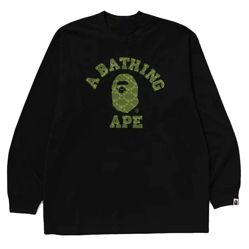 BAPE Style Arch Logo Plaid Camo Ape Head Long-Sleeve Tee - Black/Dark Green