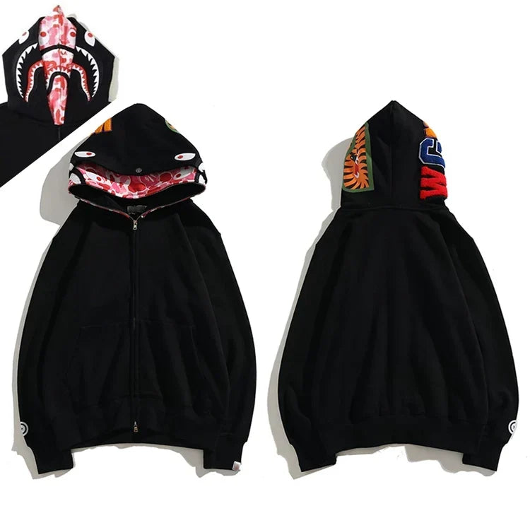 BAPE Style Solid Black Shark Full-Zip Hoodie - Camo Interior