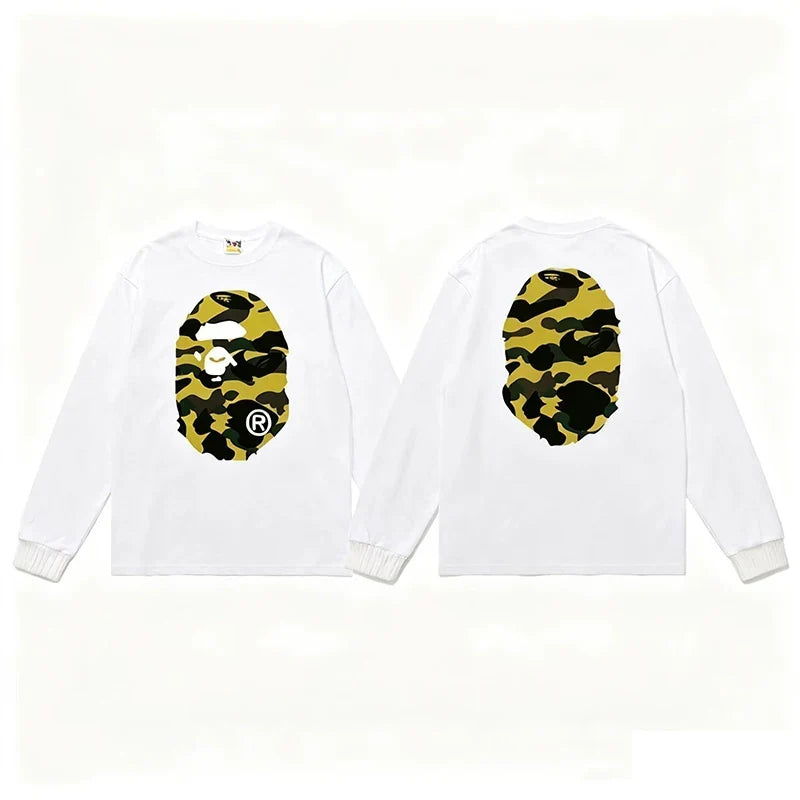 BAPE Style Big Camo Ape Head Long-Sleeve Tee - White/Yellow
