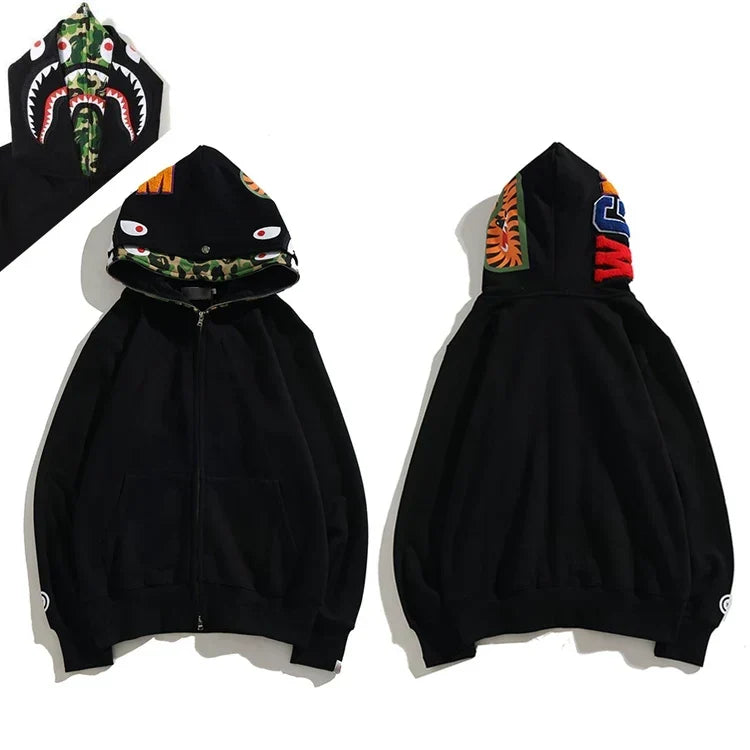 BAPE Style Solid Black Shark Full-Zip Hoodie - Green Camo Interior